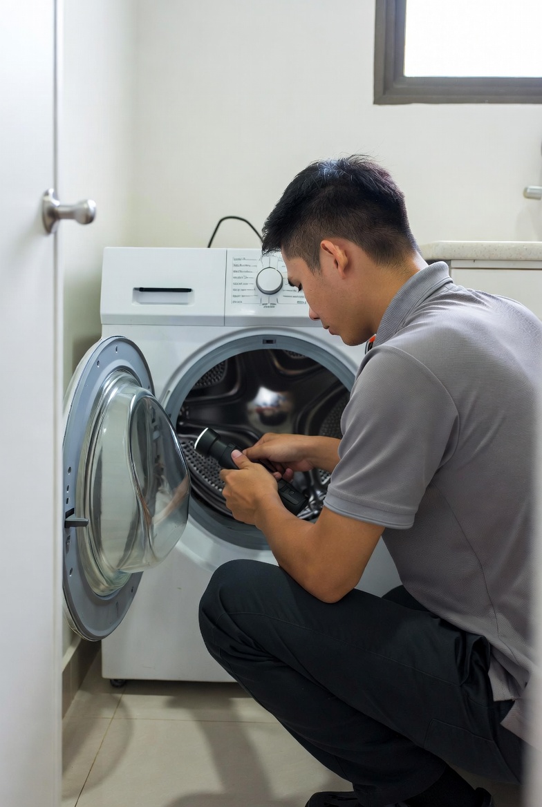 Technician repairing a washing machine in a Singapore home